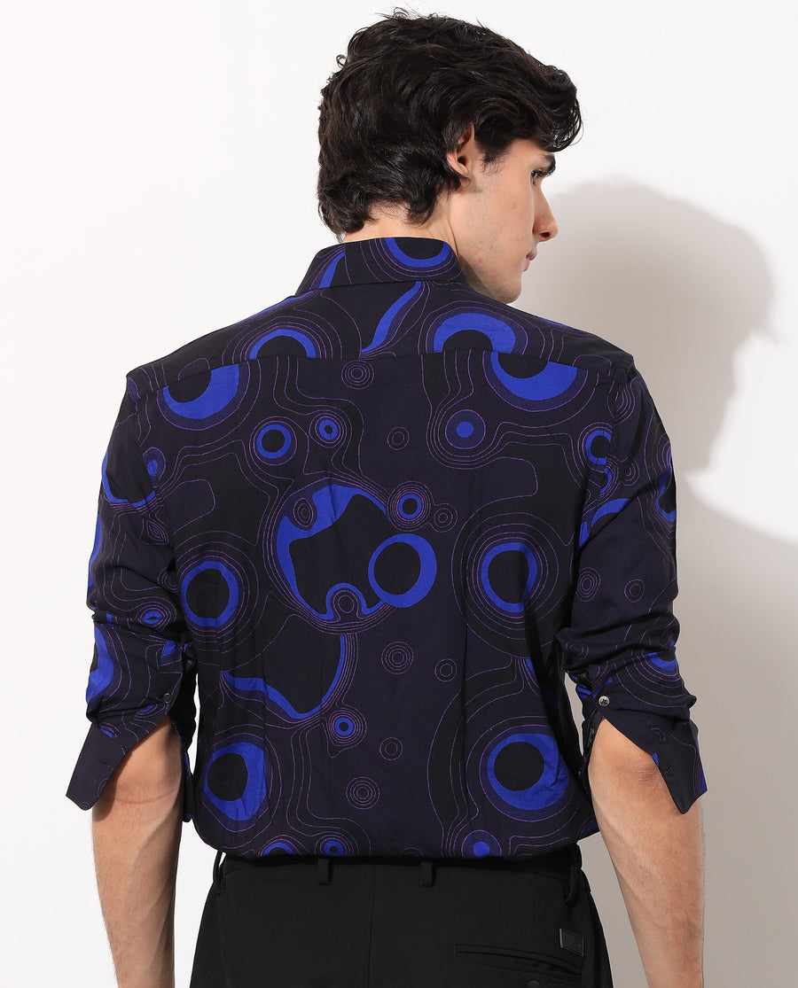 Rare Rabbit Men's Inlet Navy Cotton Abstract Print Regular Fit Full Sleeve Collared Shirt