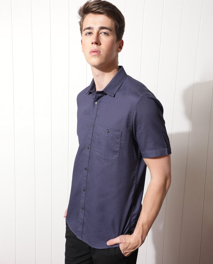 Rare Rabbit Men's Affle Dark Purple Cotton Plain Tailored Fit Half Sleeve Collared Shirt