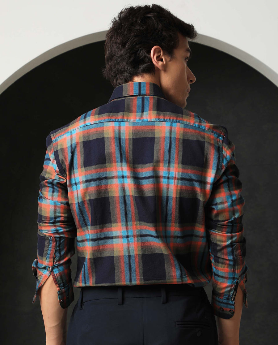 Rare Rabbit Men's Daneil Navy Cotton Checked Print Regular Fit Full Sleeve Collared Shirt