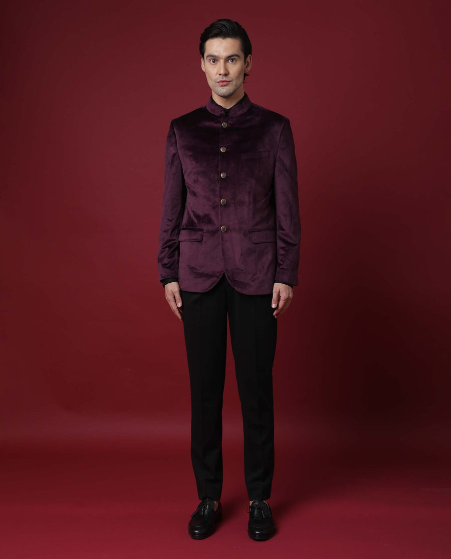 Rare Rabbit Men's Core Maroon Polyester Plain Tailored Fit Full Sleeve Mandarin Collar Bandhgala Jodhpuri