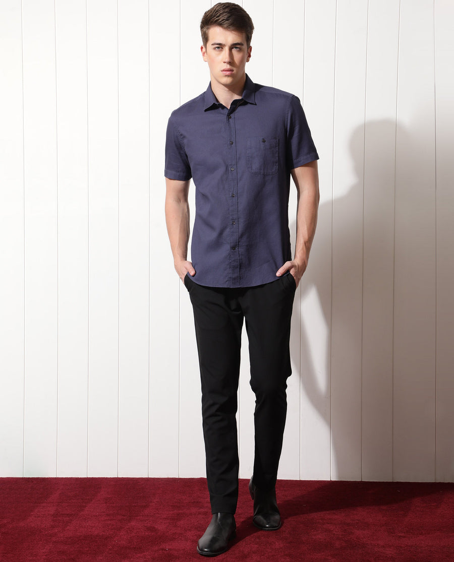 Rare Rabbit Men's Affle Dark Purple Cotton Plain Tailored Fit Half Sleeve Collared Shirt