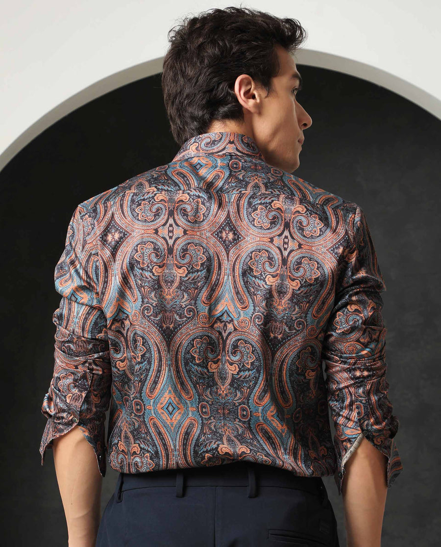 Rare Rabbit Men's Merger Navy Cotton Paisley Print Regular Fit Full Sleeve Collared Shirt