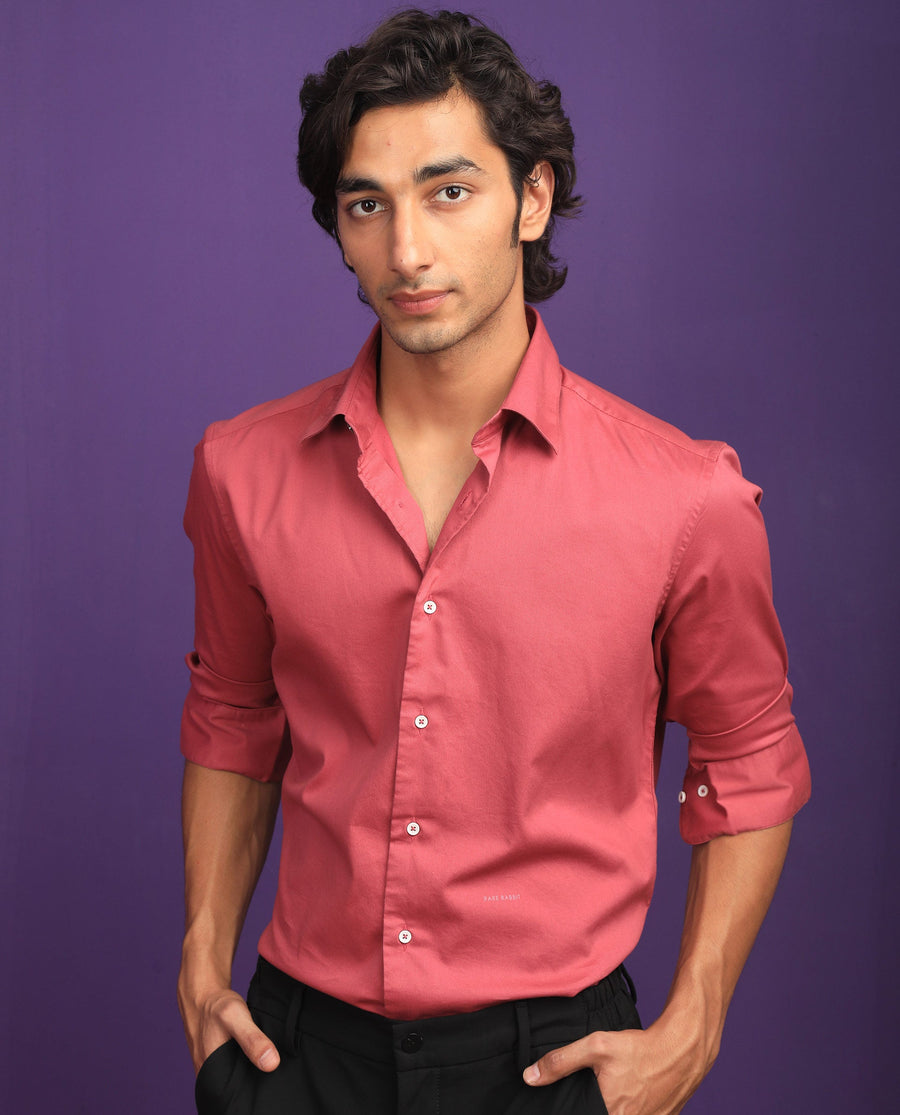Rare Rabbit Men's Molde Dark Pink Cotton Plain Regular Fit Full Sleeve Collared Shirt