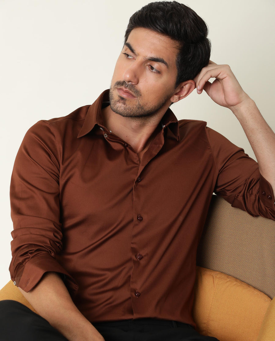 Rare Rabbit Men's Holand Rust Satin Plain Regular Fit Full Sleeve Collared Shirt