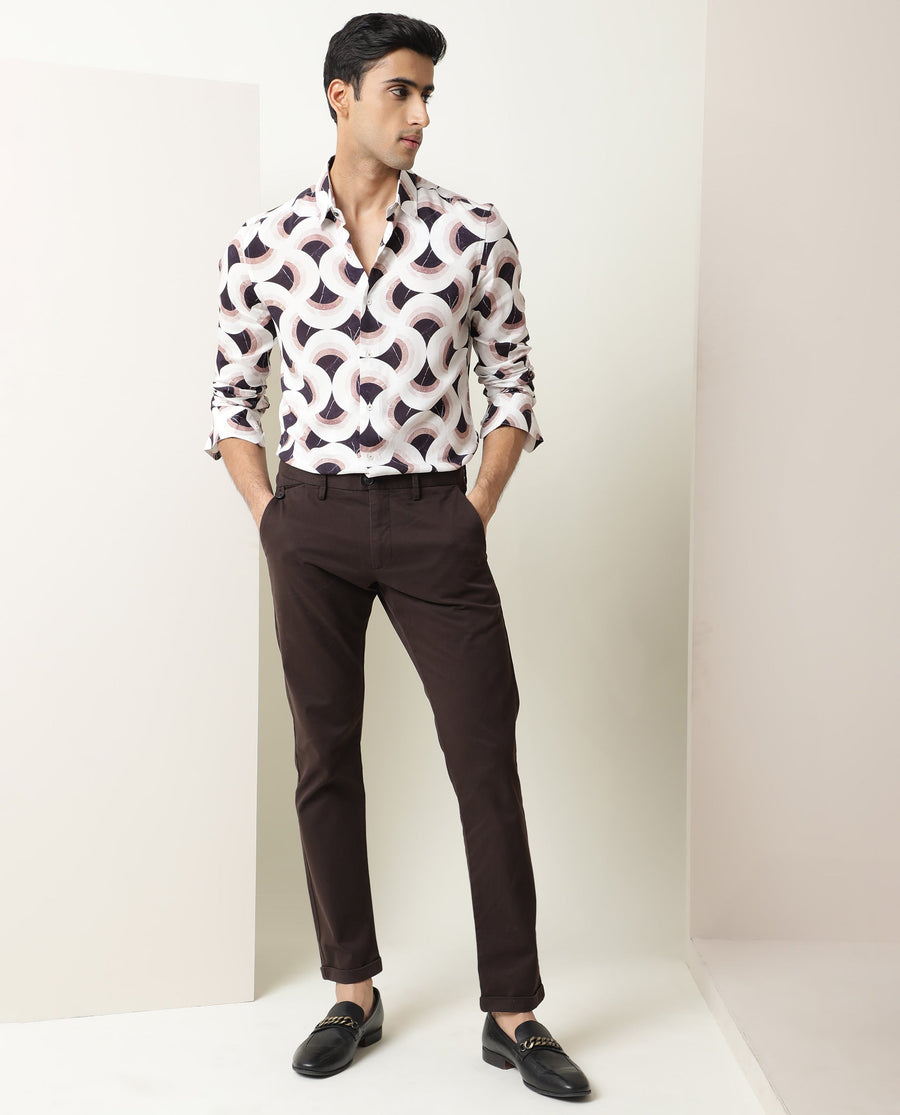 Rare Rabbit Men's Febug Off White Viscose Geometric Print Regular Fit Full Sleeve Collared Shirt