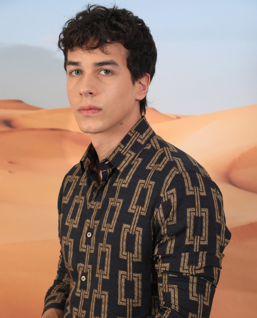 Rare Rabbit Men's Amster Grey Viscose Geometric Print Regular Fit Full Sleeve Collared Shirt