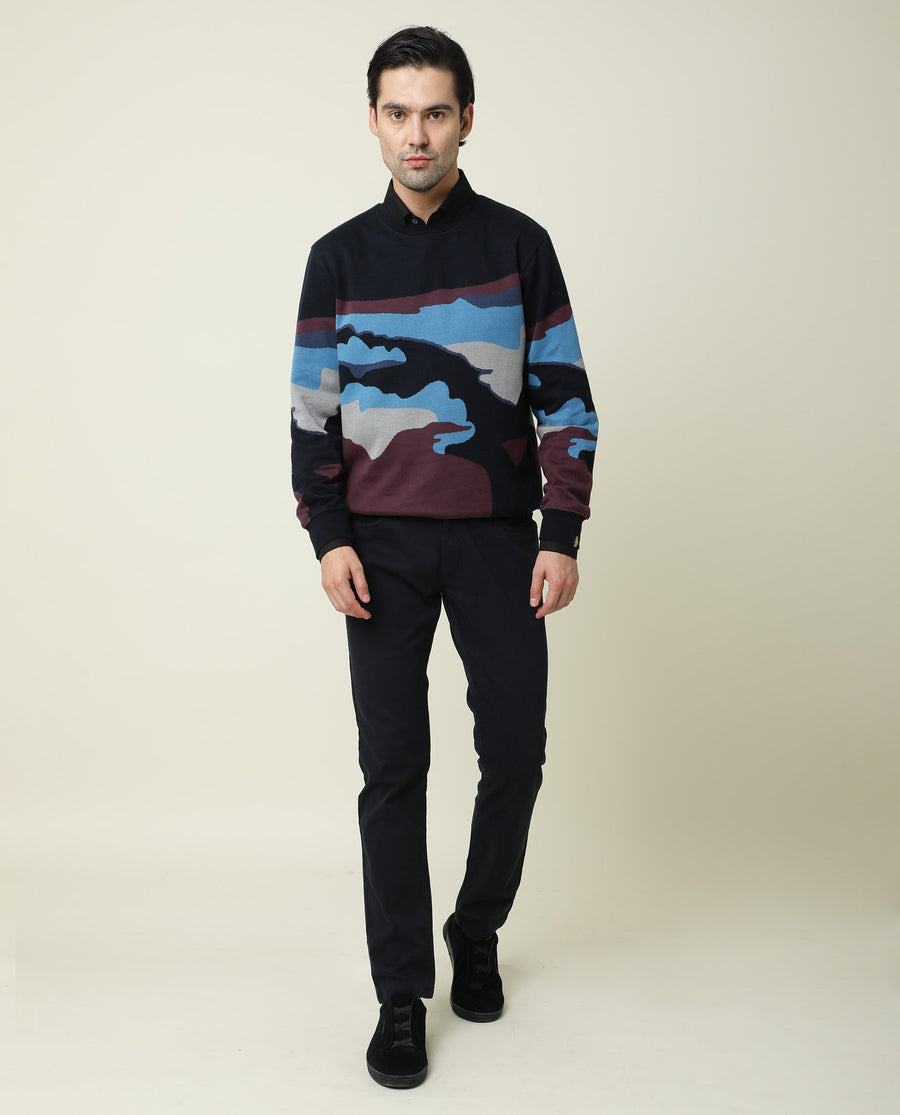 Rare Rabbit Men's Hill Navy Cotton Jacquard Slim Fit Full Sleeve Crew Neck Sweatshirt