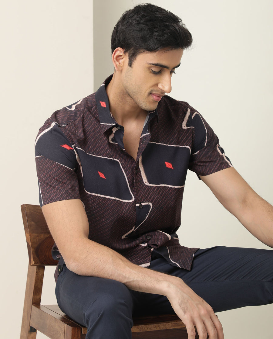 Rare Rabbit Men's Nistic Brown Viscose Geometric Print Regular Fit Half Sleeve Collared Shirt