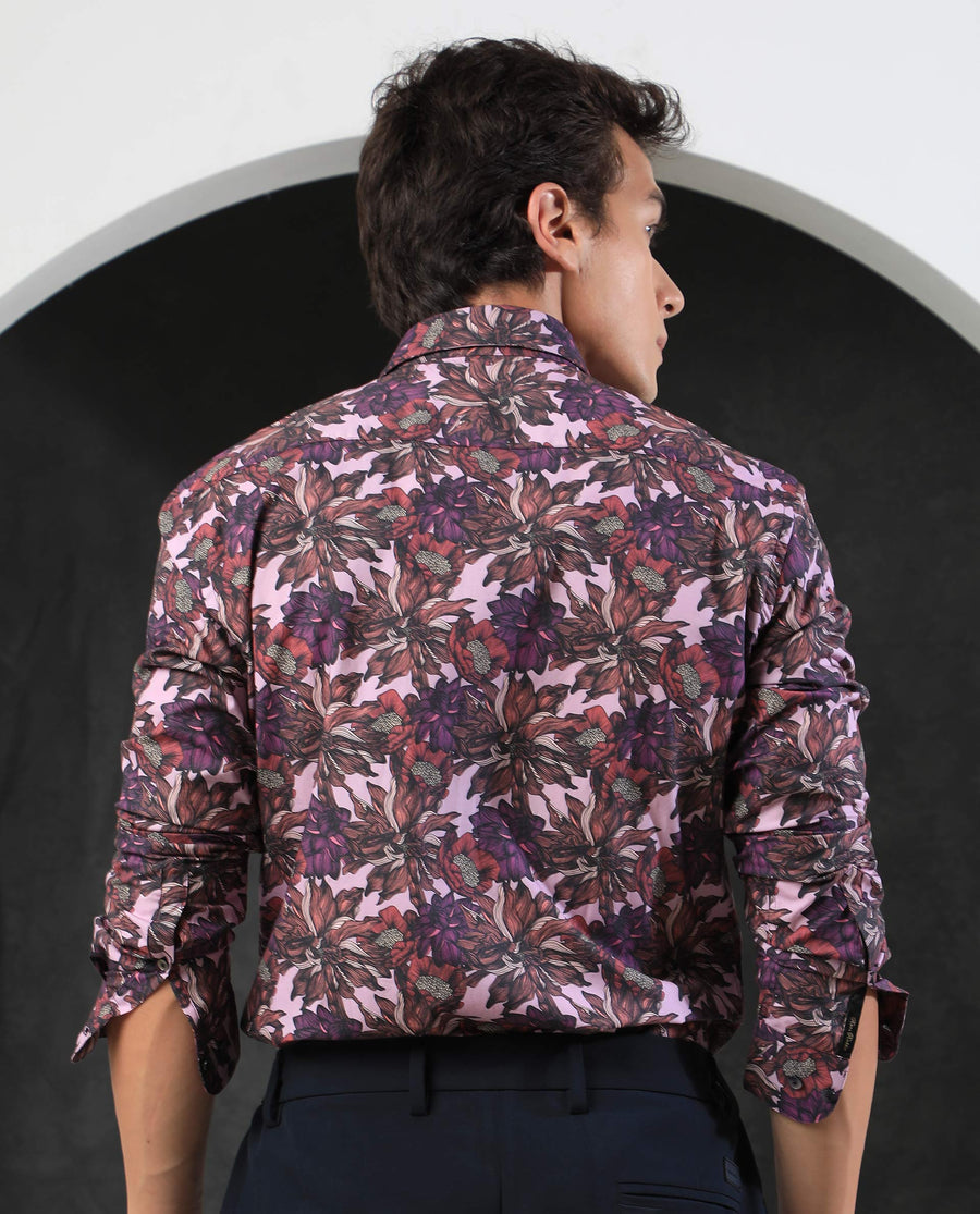 Rare Rabbit Men's Ezee Purple Cotton Floral Print Regular Fit Full Sleeve Collared Shirt