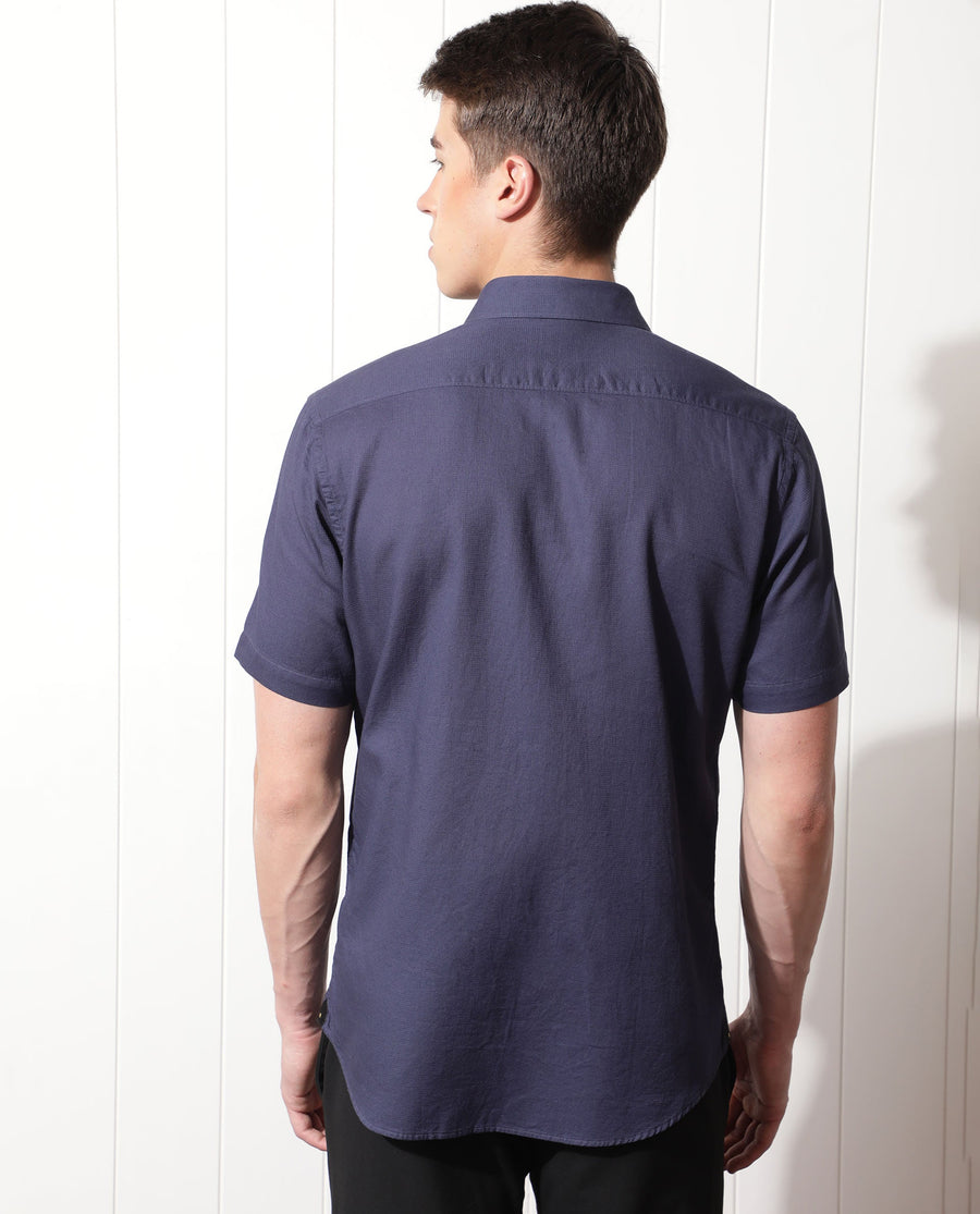 Rare Rabbit Men's Affle Dark Purple Cotton Plain Tailored Fit Half Sleeve Collared Shirt