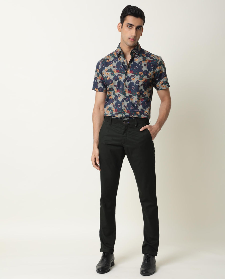 Rare Rabbit Men's Vishh Green Cotton Floral Print Regular Fit Half Sleeve Collared Shirt