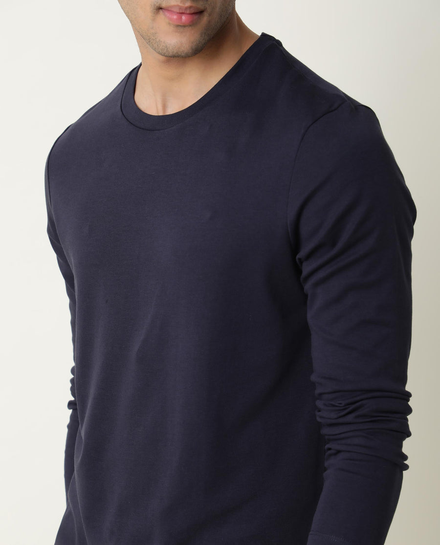 Rare Rabbit Men's Full Navy Cotton Plain Slim Fit Half Sleeve Crew Neck T-Shirt