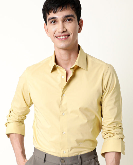 Rare Rabbit Men's Neutro Ls Mustard Cotton Plain Tailored Fit Full Sleeve Collared Shirt