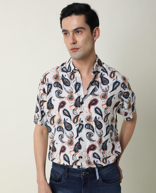 Rare Rabbit Men's Ivys Ss Beige Viscose Printed Regular Fit Half Sleeve Collared Shirt