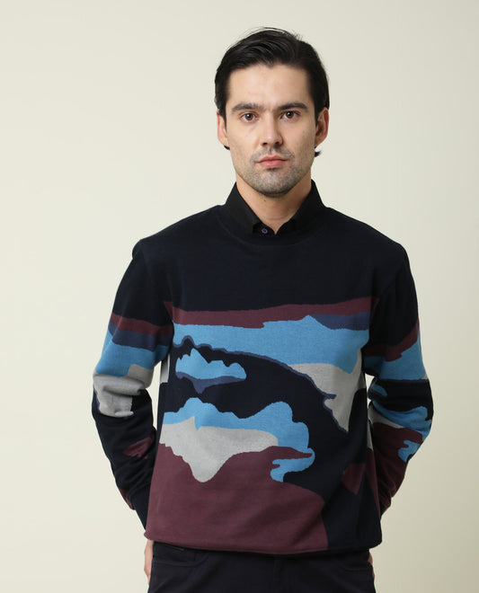 Rare Rabbit Men's Hill Navy Cotton Jacquard Slim Fit Full Sleeve Crew Neck Sweatshirt