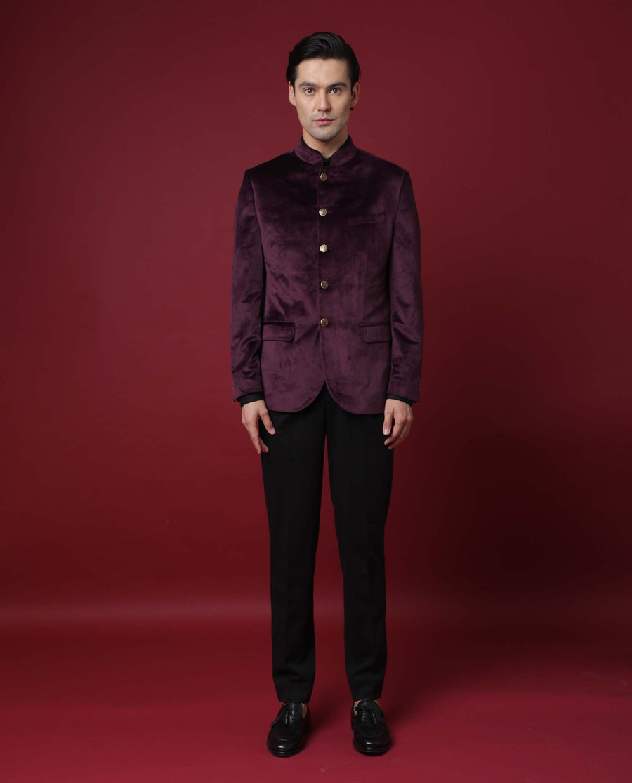 Rare Rabbit Men's Core Maroon Polyester Plain Tailored Fit Full Sleeve Mandarin Collar Bandhgala Jodhpuri