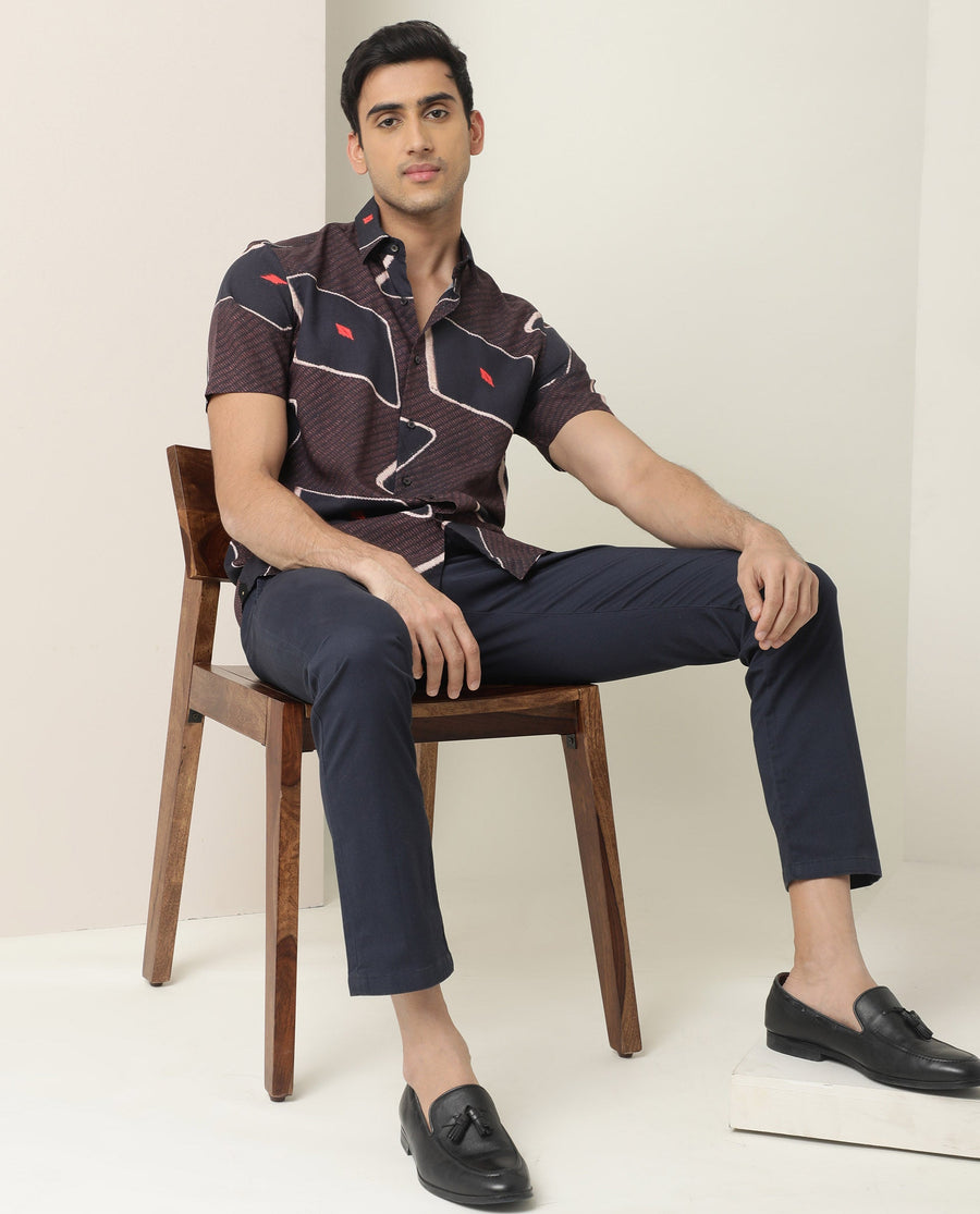Rare Rabbit Men's Nistic Brown Viscose Geometric Print Regular Fit Half Sleeve Collared Shirt