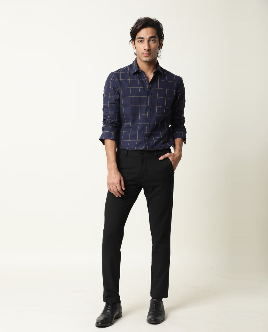 Rare Rabbit Men's Corneto Navy Cotton Checked Print Regular Fit Full Sleeve Collared Shirt