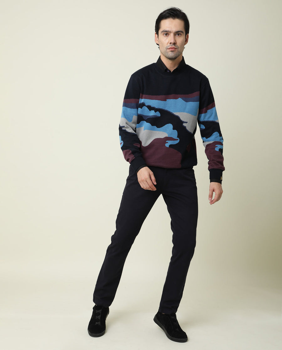Rare Rabbit Men's Hill Navy Cotton Jacquard Slim Fit Full Sleeve Crew Neck Sweatshirt