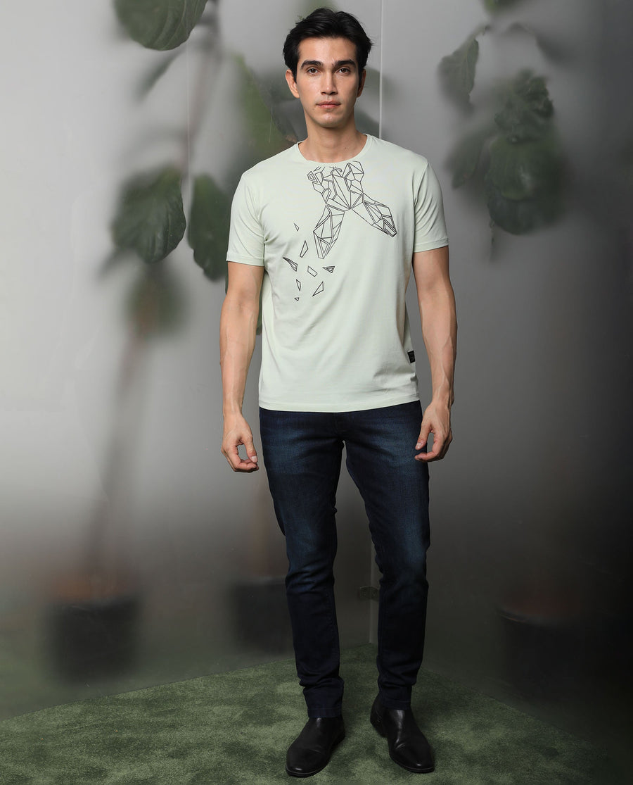 Rare Rabbit Men's Loginn Olive Cotton Graphic Print Slim Fit Half Sleeve Crew Neck T-Shirt