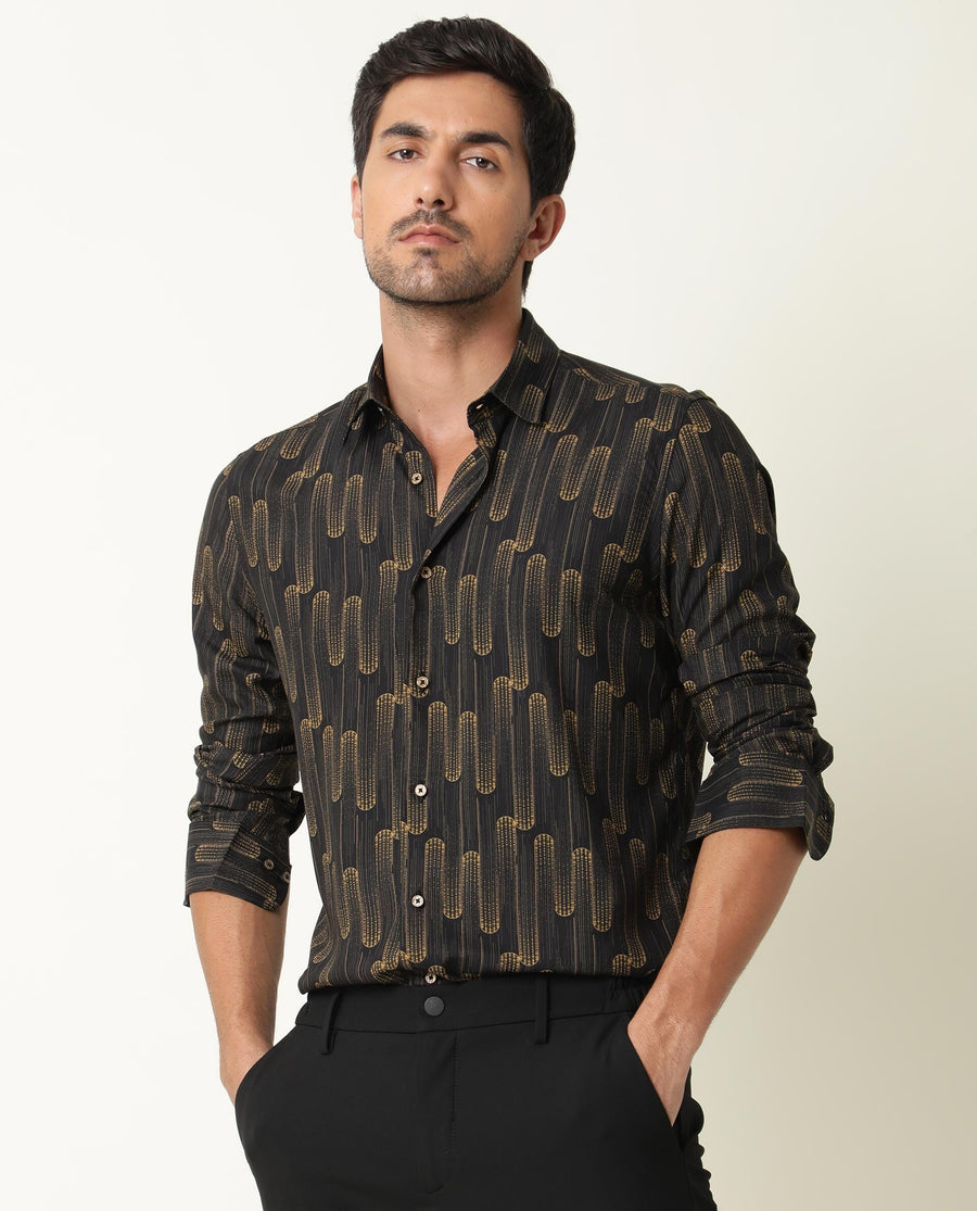 Rare Rabbit Men's Marshey Black Cotton Abstract Print Regular Fit Full Sleeve Collared Shirt