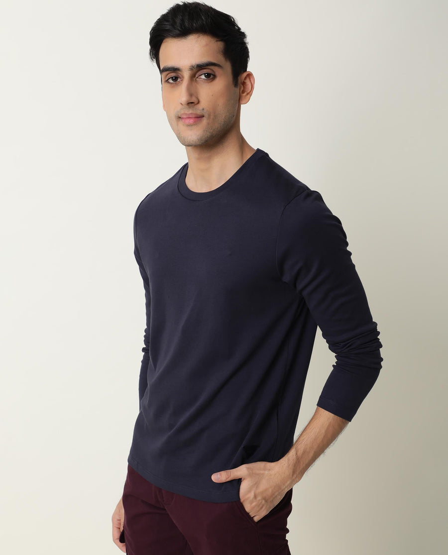 Rare Rabbit Men's Full Navy Cotton Plain Slim Fit Half Sleeve Crew Neck T-Shirt