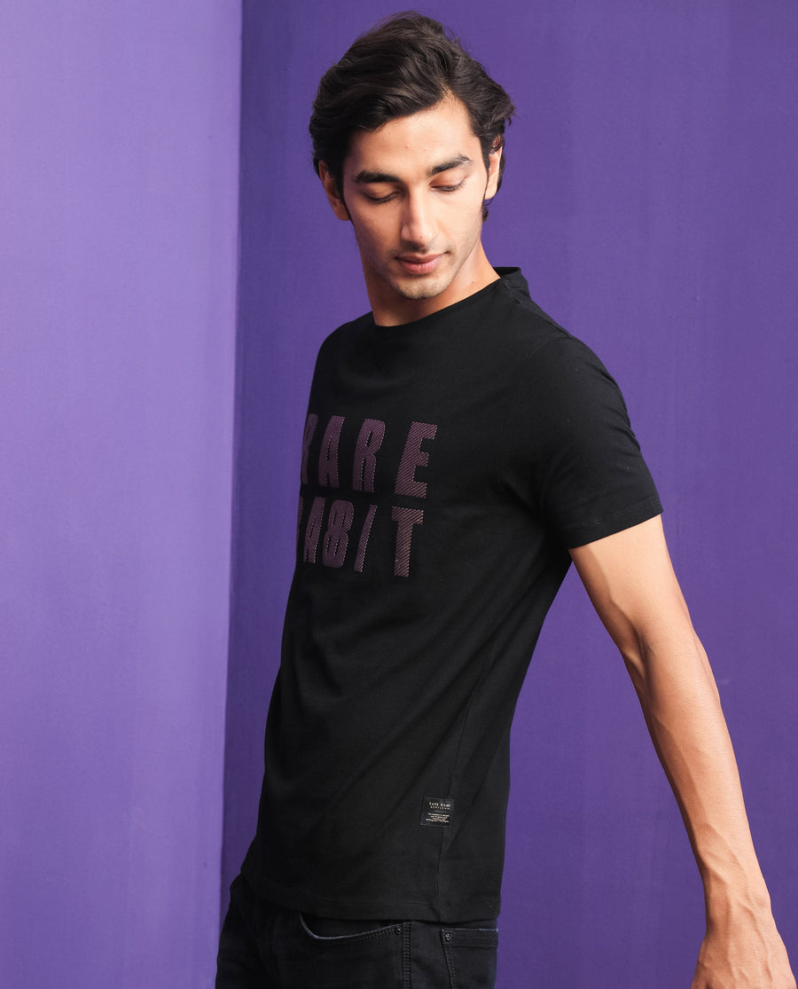 Rare Rabbit Men's Electricc Black Cotton Graphic Print Slim Fit Half Sleeve Crew Neck T-Shirt