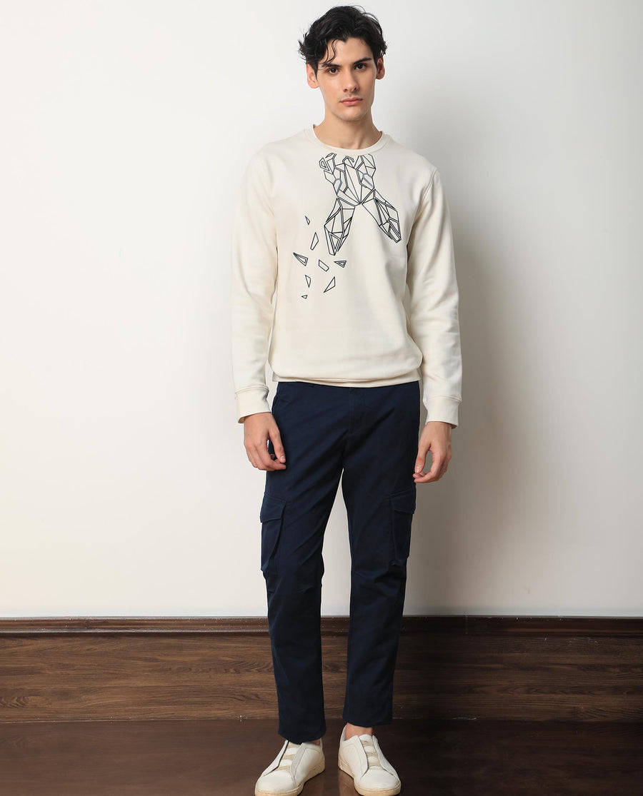 Rare Rabbit Men's Oakk White Graphic Print Regular Fit Full Sleeve Crew Neck Sweatshirt