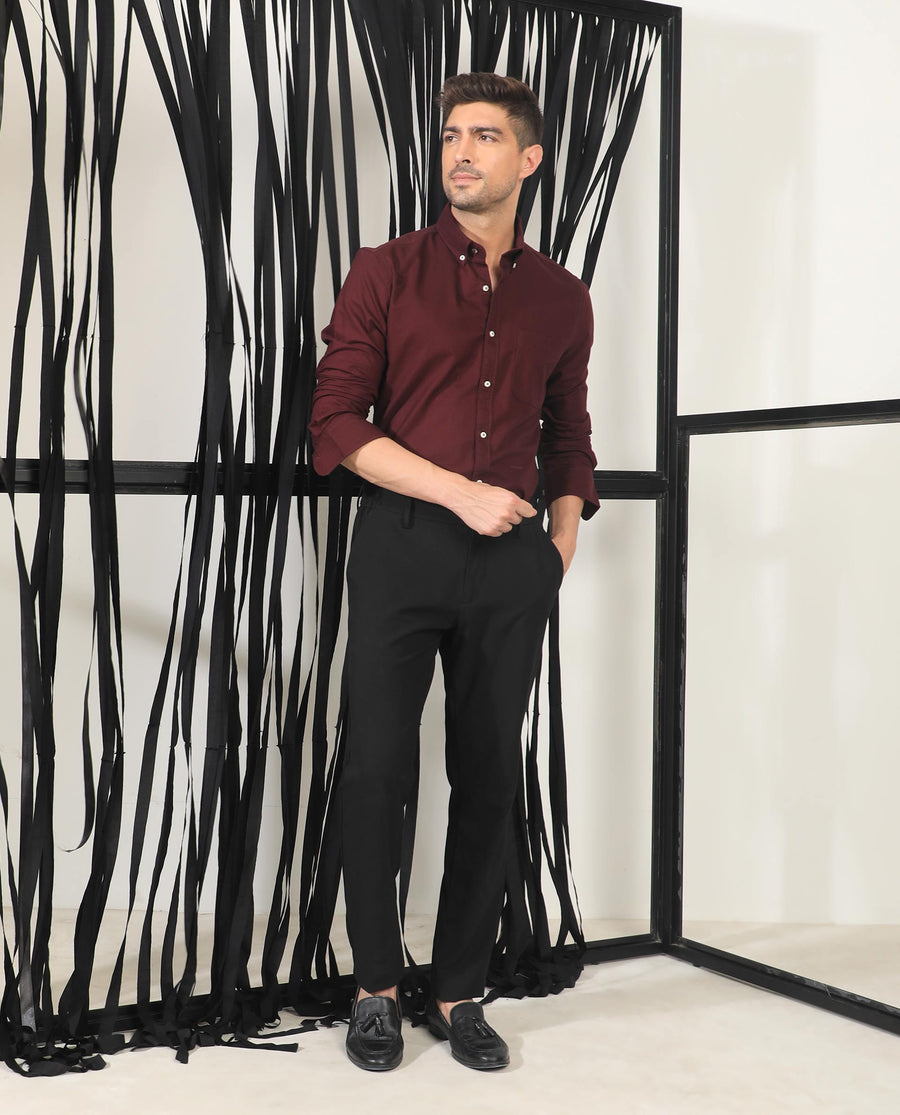 Rare Rabbit Men's Auxfo Maroon Cotton Plain Regular Fit Full Sleeve Button-Down Collar Shirt