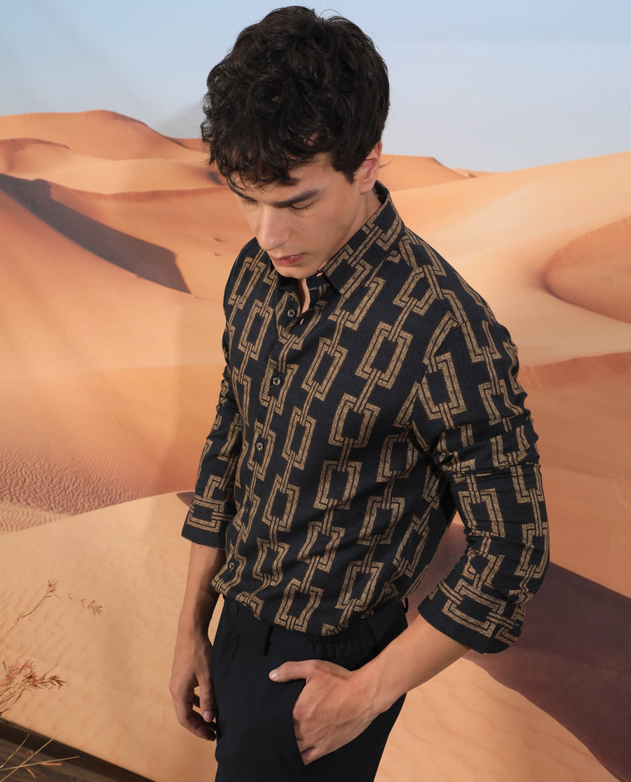 Rare Rabbit Men's Amster Grey Viscose Geometric Print Regular Fit Full Sleeve Collared Shirt