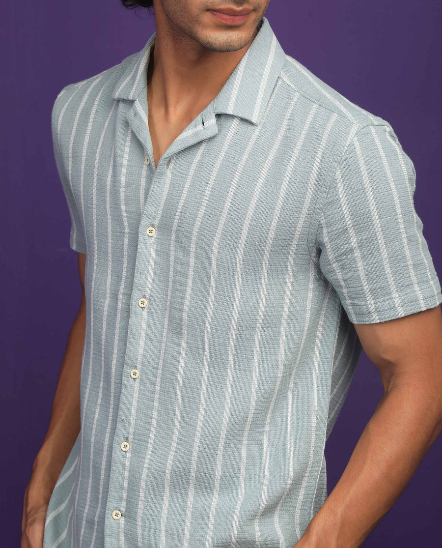 Rare Rabbit Men's Nanos Pastel Green Cotton Striped Print Regular Fit Half Sleeve Cuban Collar Shirt