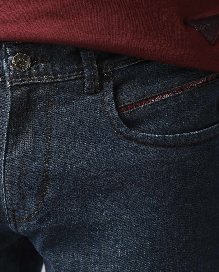 Rare Rabbit Men's Earth Navy Cotton Plain Hawk Slim Fit Jeans