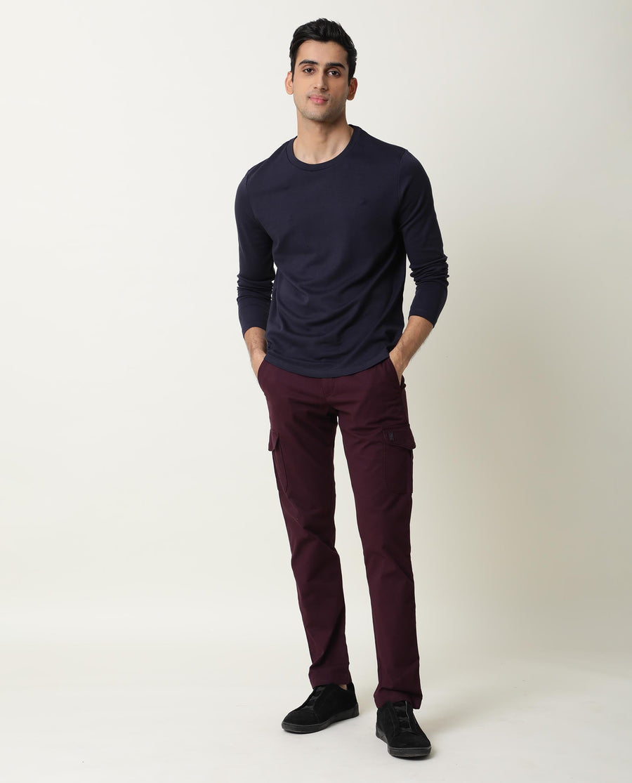 Rare Rabbit Men's Full Navy Cotton Plain Slim Fit Half Sleeve Crew Neck T-Shirt