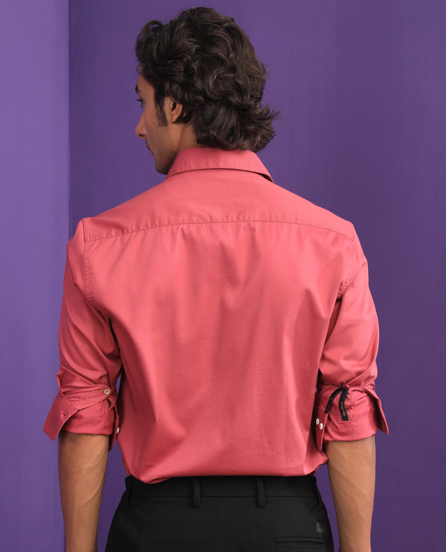 Rare Rabbit Men's Molde Dark Pink Cotton Plain Regular Fit Full Sleeve Collared Shirt