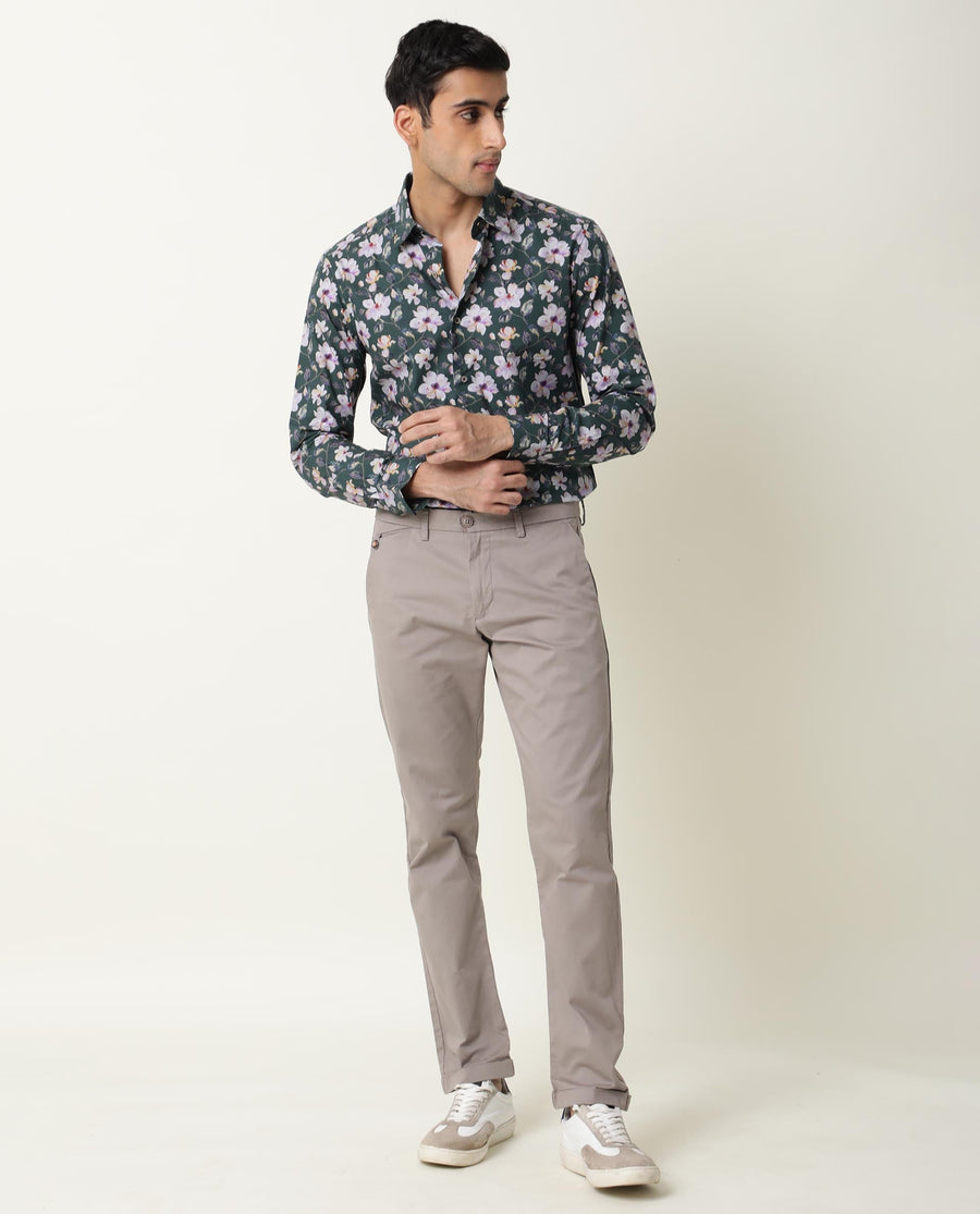 Rare Rabbit Men's Paintt Green Cotton Floral Print Regular Fit Full Sleeve Collared Shirt