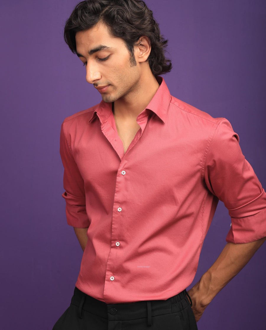 Rare Rabbit Men's Molde Dark Pink Cotton Plain Regular Fit Full Sleeve Collared Shirt
