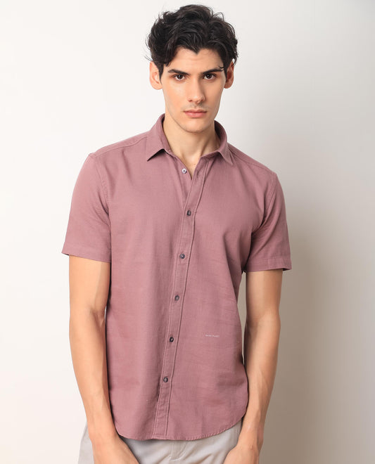 Rare Rabbit Men's Rissa Dusky Pink Cotton Plain Regular Fit Half Sleeve Collared Shirt