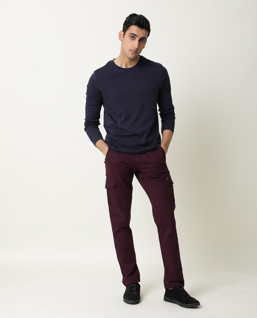 Rare Rabbit Men's Full Navy Cotton Plain Slim Fit Half Sleeve Crew Neck T-Shirt