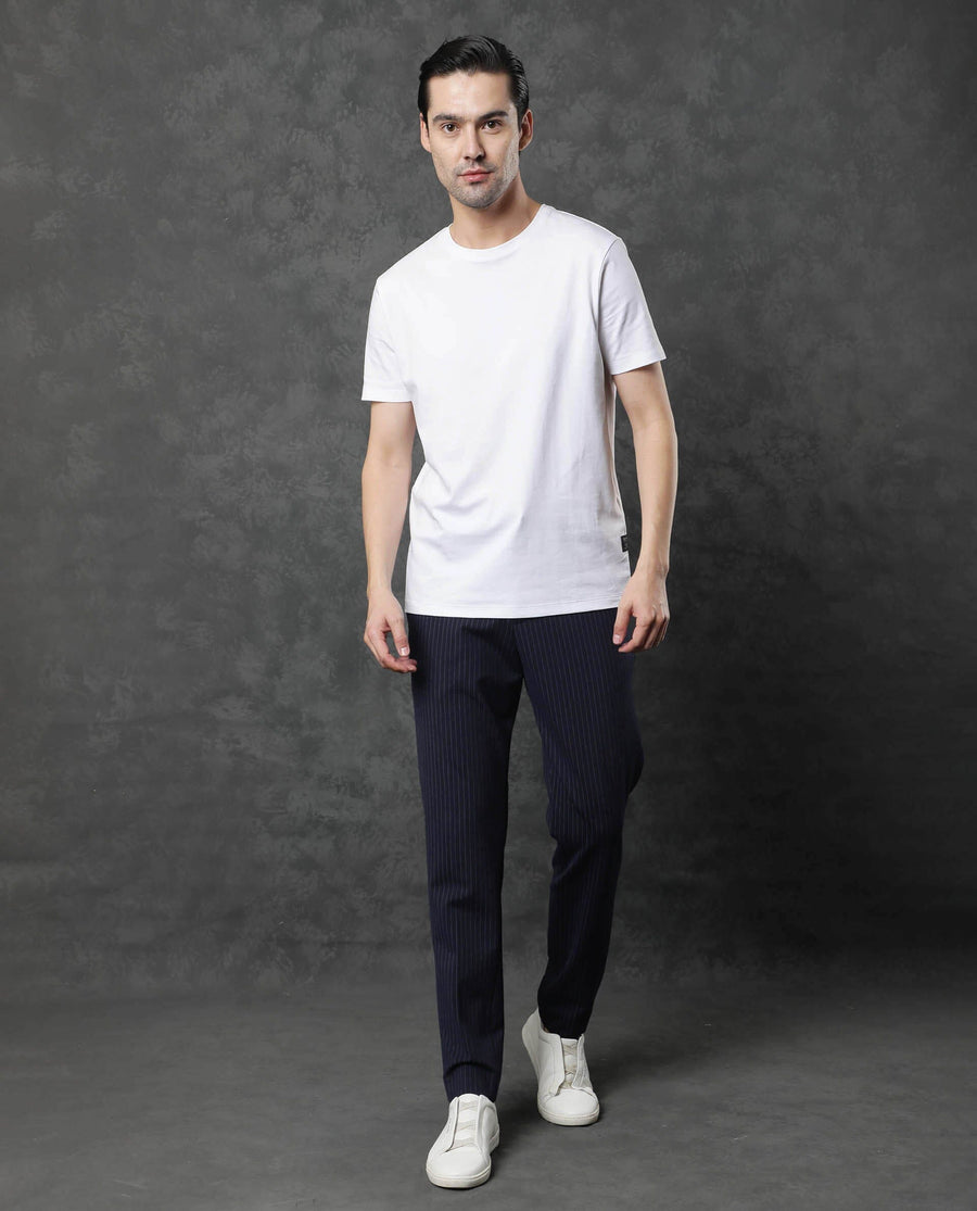 Rare Rabbit Men's Gis White Cotton Plain Slim Fit Half Sleeve Crew Neck T-Shirt