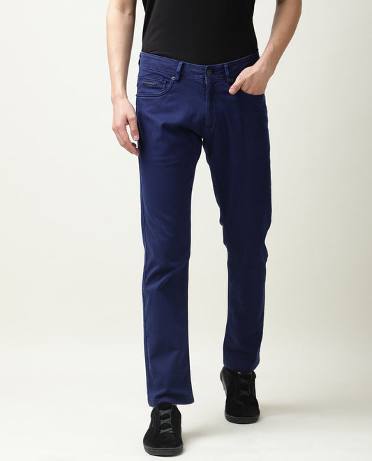 Rare Rabbit Men's Fiv5 Blue Cotton Plain Slim Fit Trouser