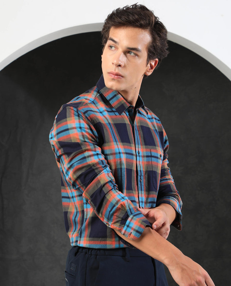 Rare Rabbit Men's Daneil Navy Cotton Checked Print Regular Fit Full Sleeve Collared Shirt