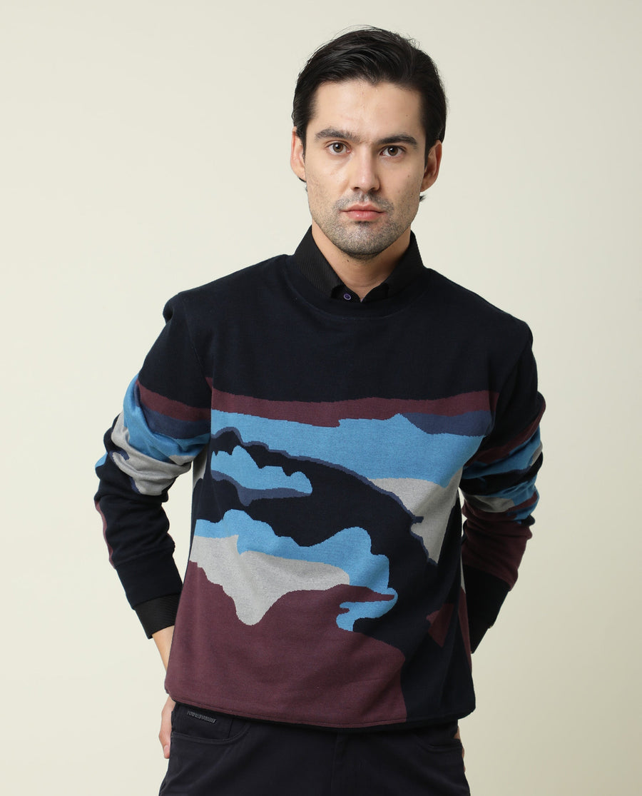 Rare Rabbit Men's Hill Navy Cotton Jacquard Slim Fit Full Sleeve Crew Neck Sweatshirt
