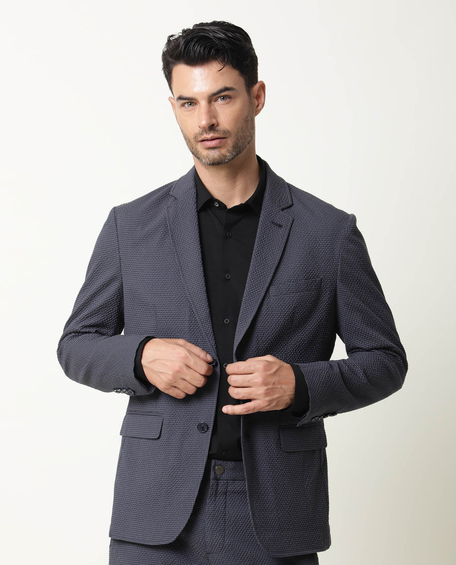 Rare Rabbit Men's Alps Navy Cotton Checked Print Tailored Fit Full Sleeve Lapel Neck Blazer