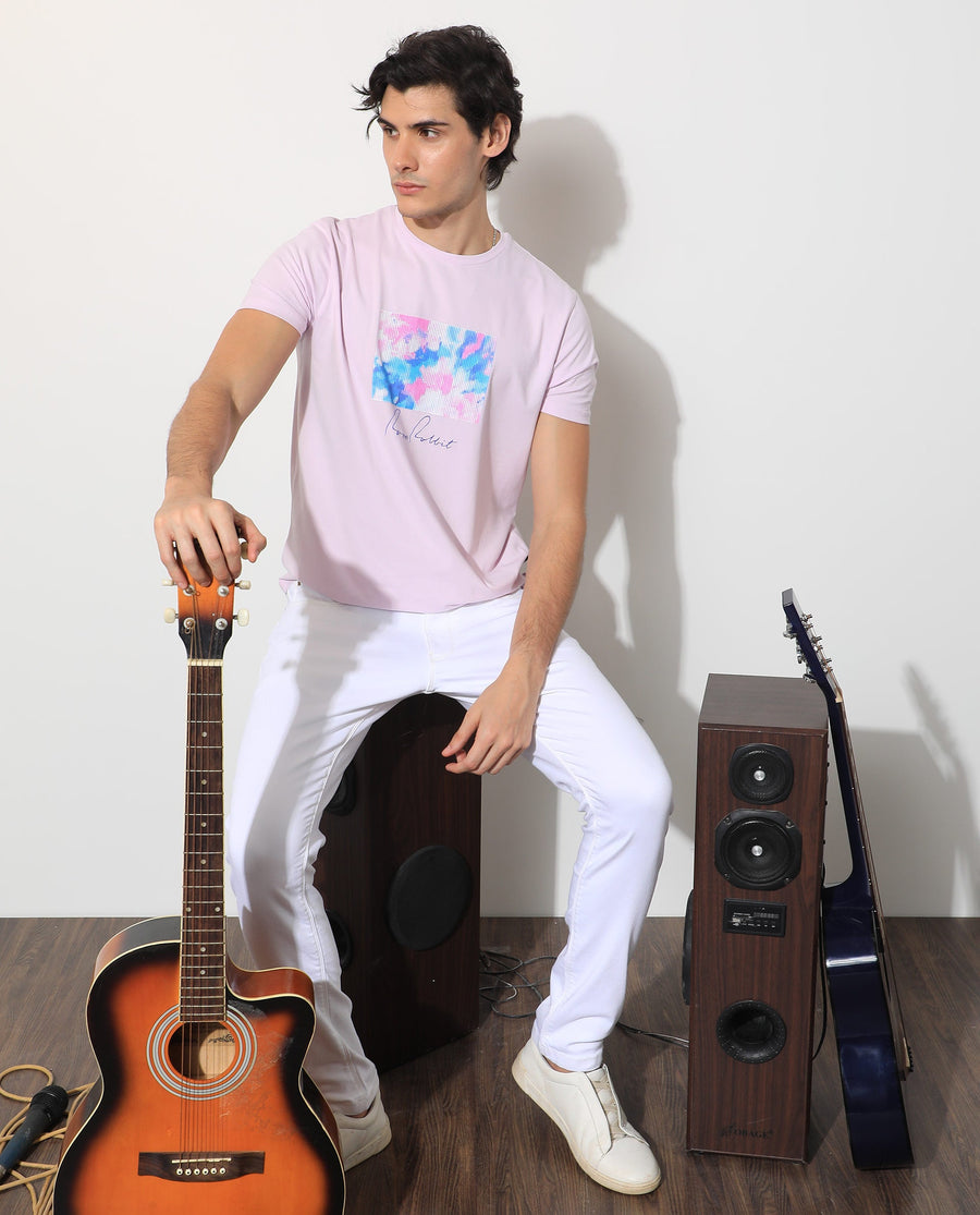 Rare Rabbit Men's Reed Pink Cotton Graphic Print Slim Fit Half Sleeve Crew Neck T-Shirt