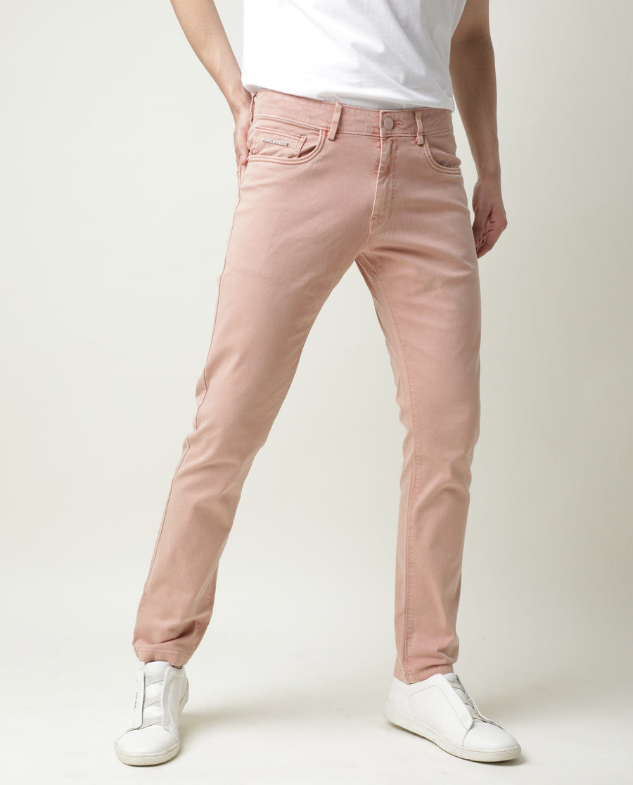 Rare Rabbit Men's Fiv5 Pink Cotton Plain Slim Fit Trouser