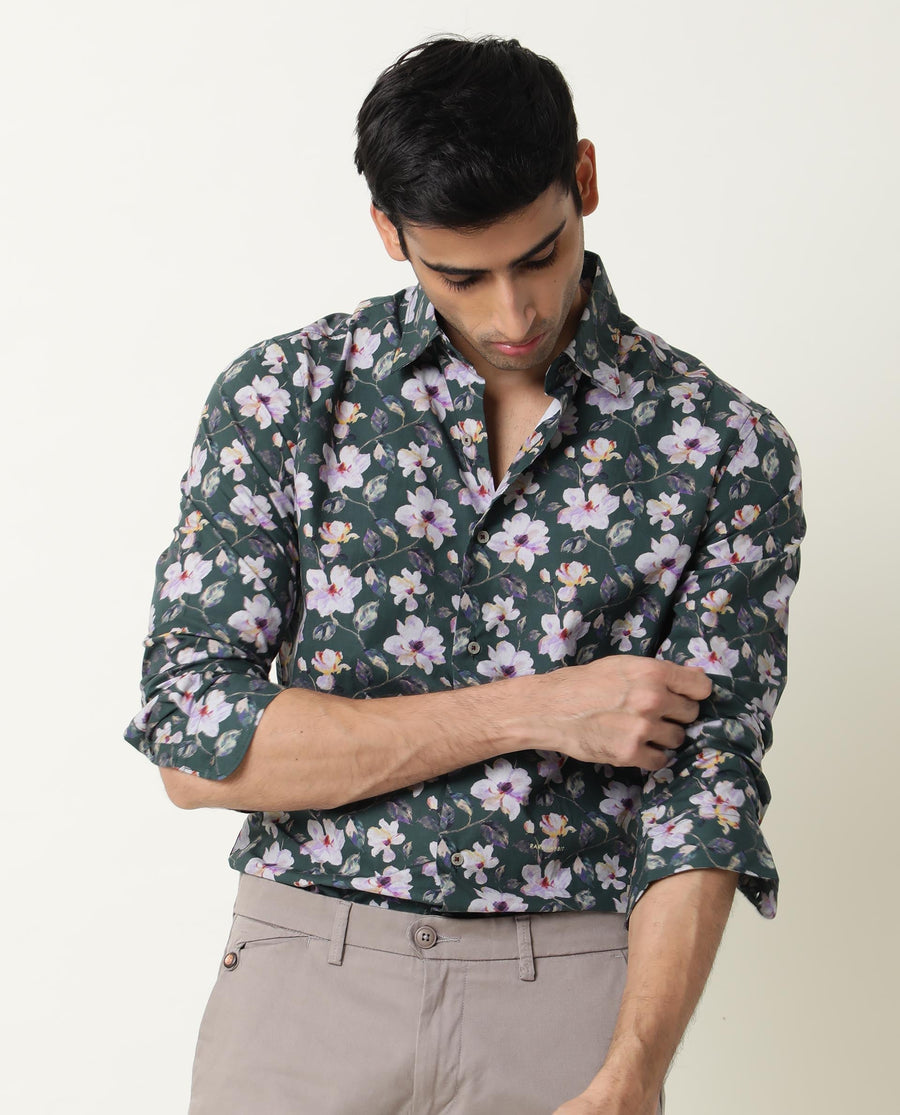 Rare Rabbit Men's Paintt Green Cotton Floral Print Regular Fit Full Sleeve Collared Shirt