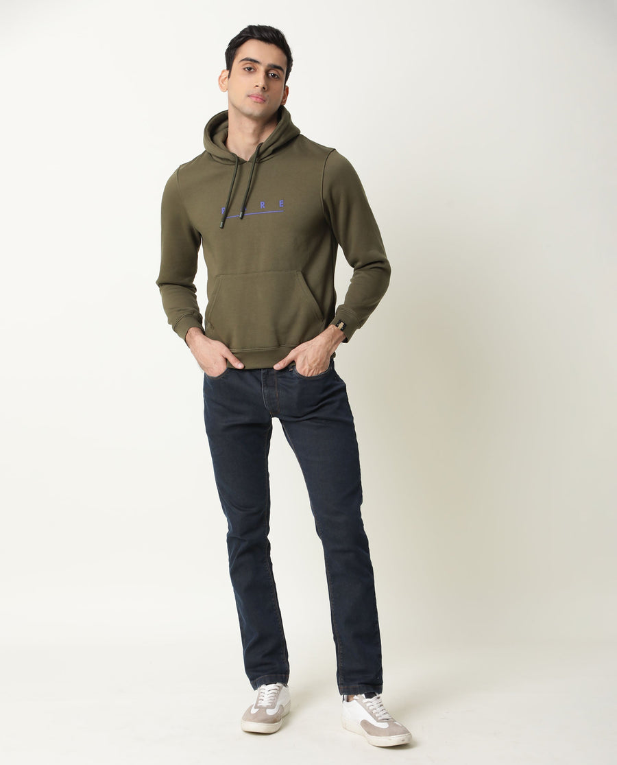 Rare Rabbit Men's Omi Olive Cotton Graphic Print Relaxed Fit Full Sleeve Hooded Sweatshirt