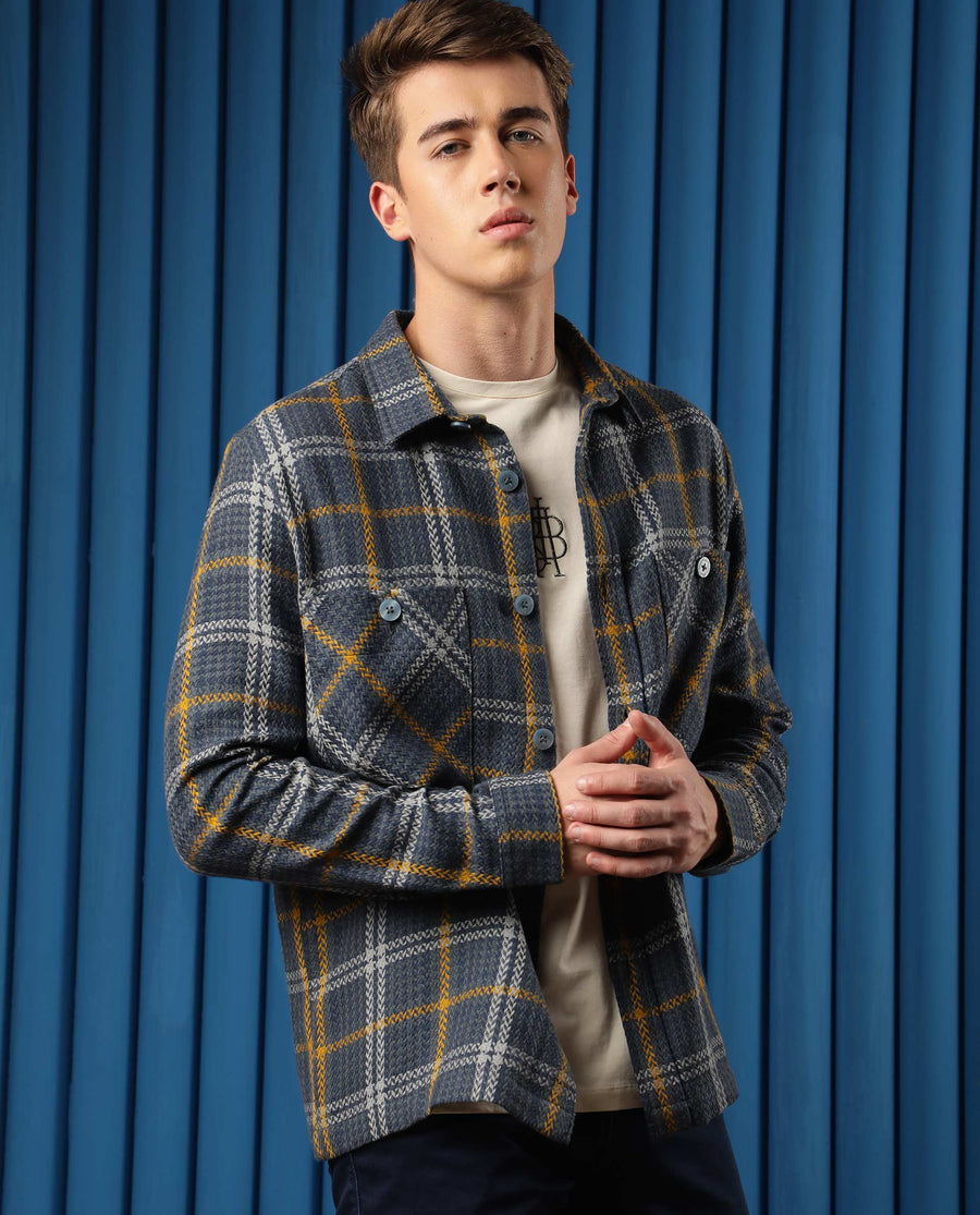 Rare Rabbit Men's Hunter Grey Cotton Checked Print Regular Fit Full Sleeve Spread Collar Jacket