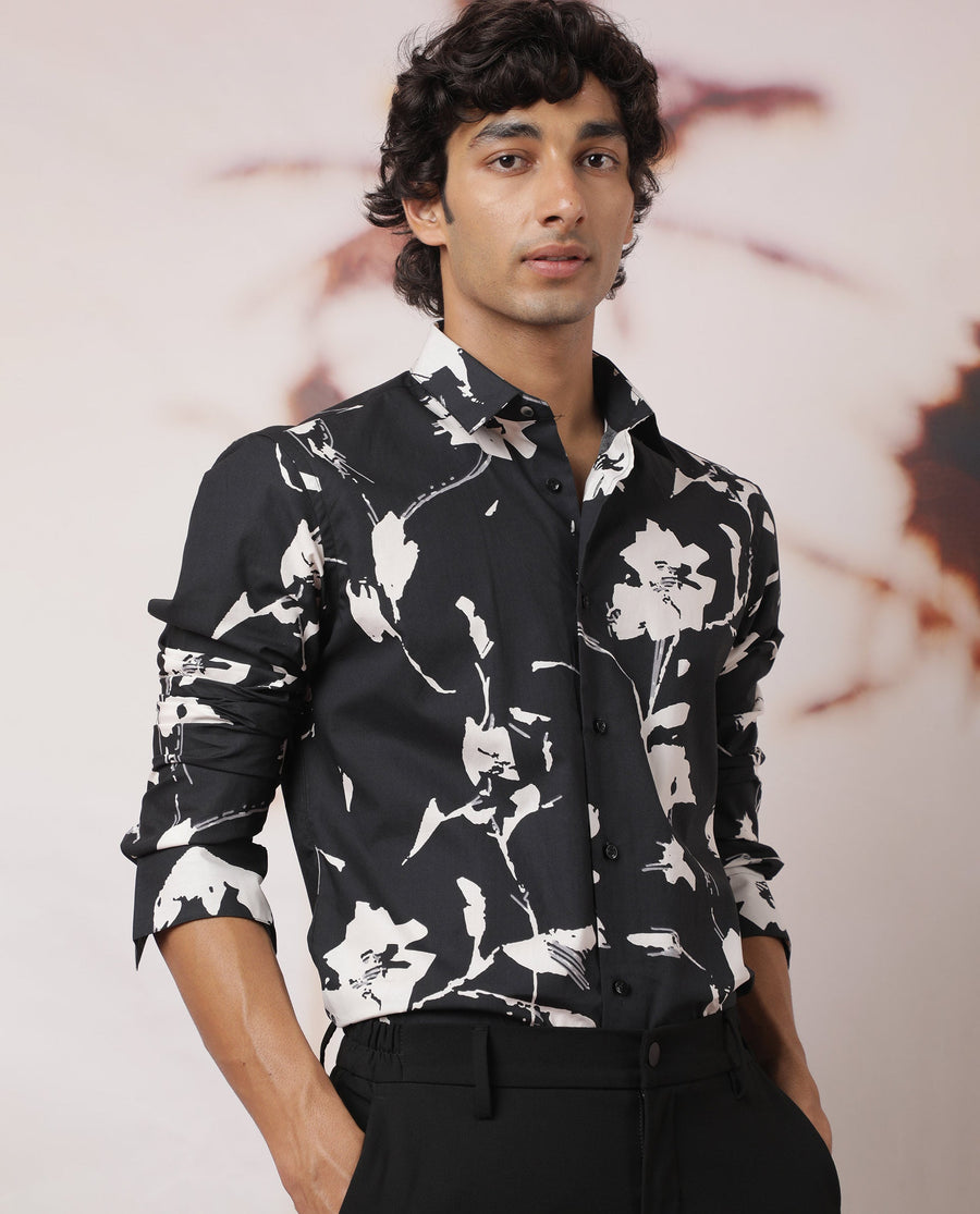 Rare Rabbit Men's Sketcherr Black Cotton Floral Print Regular Fit Full Sleeve Collared Shirt
