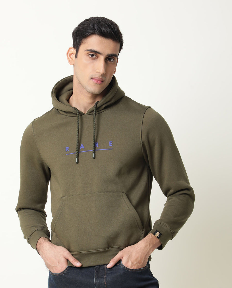Rare Rabbit Men's Omi Olive Cotton Graphic Print Relaxed Fit Full Sleeve Hooded Sweatshirt